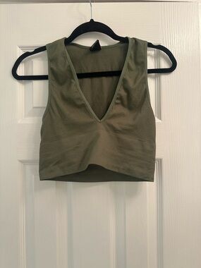 Urban Outfitters Olive Green Ribbed V-Neck Cropped Tank